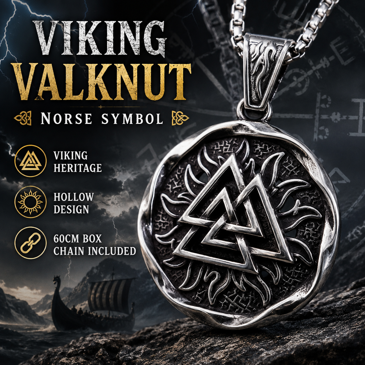 Viking Valknut Pendant Necklace Norse Symbol Stainless Steel with Chain Dark Silver Symbol Jewellery Gift PN0011