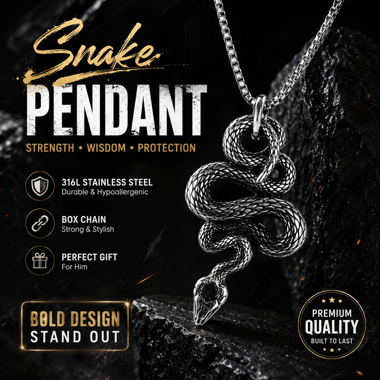 Gothic Snake Pendant Necklace Stainless Steel Serpent Biker Necklace Jewelry Chain Gift #PN0010