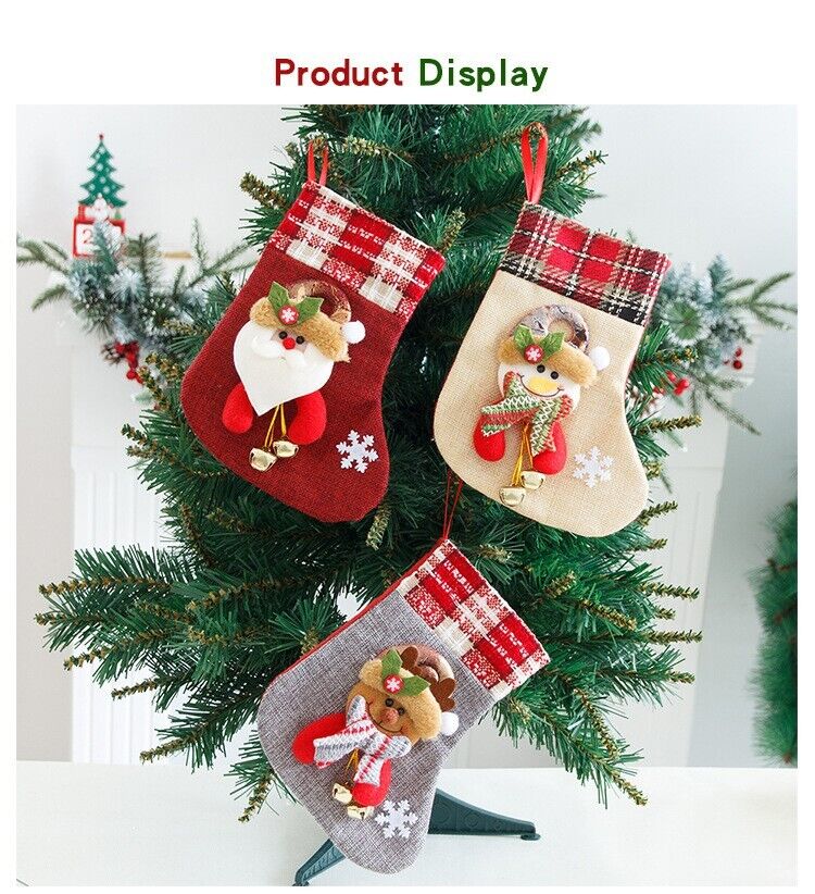 Burlap Christmas Stocking With bells Santa Claus Present Bag Xmas Party Decor