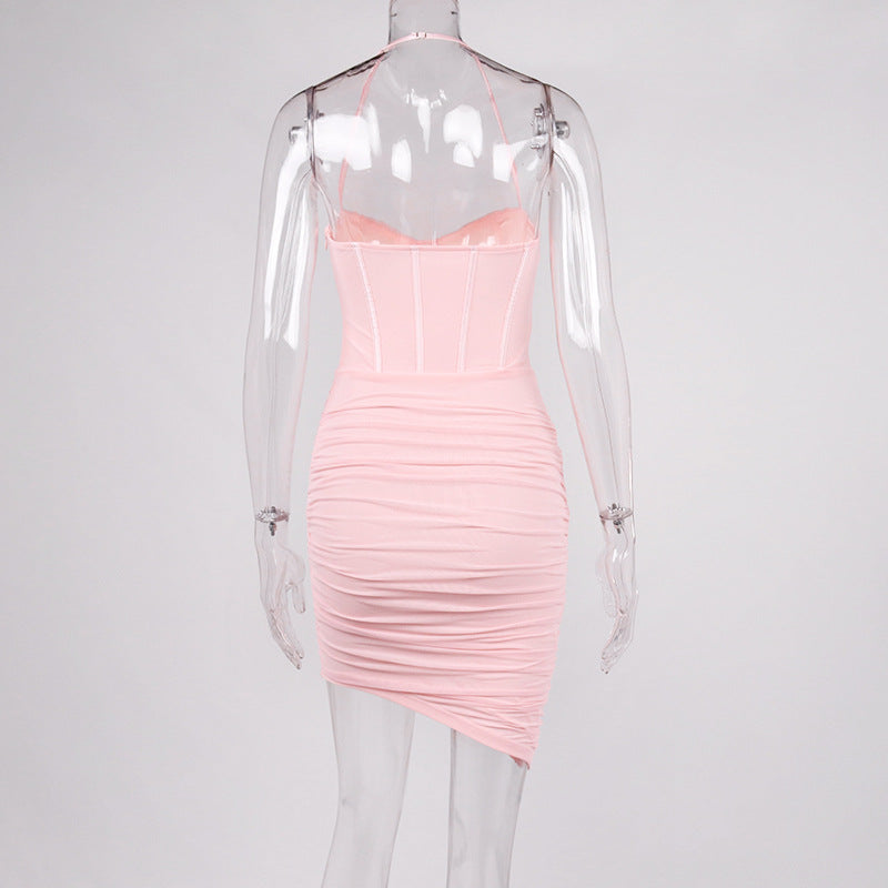Women Sexy Halter Neckline Backless Pleated Tight Fitting Miniskirt Dress