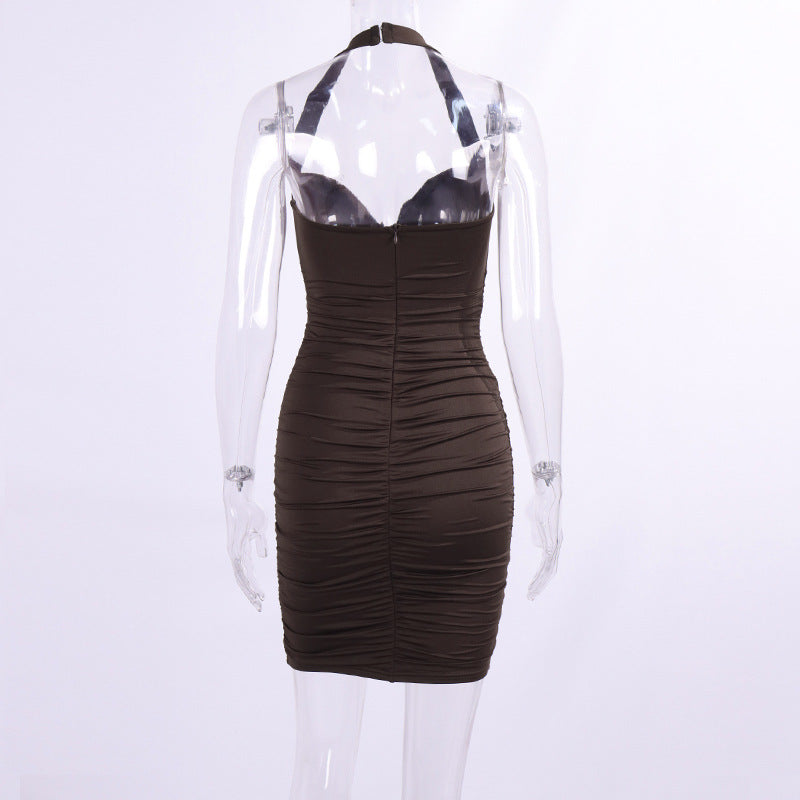 Women Sexy Halter Neckline Backless Tight Fitting Pleated Miniskirt Dress