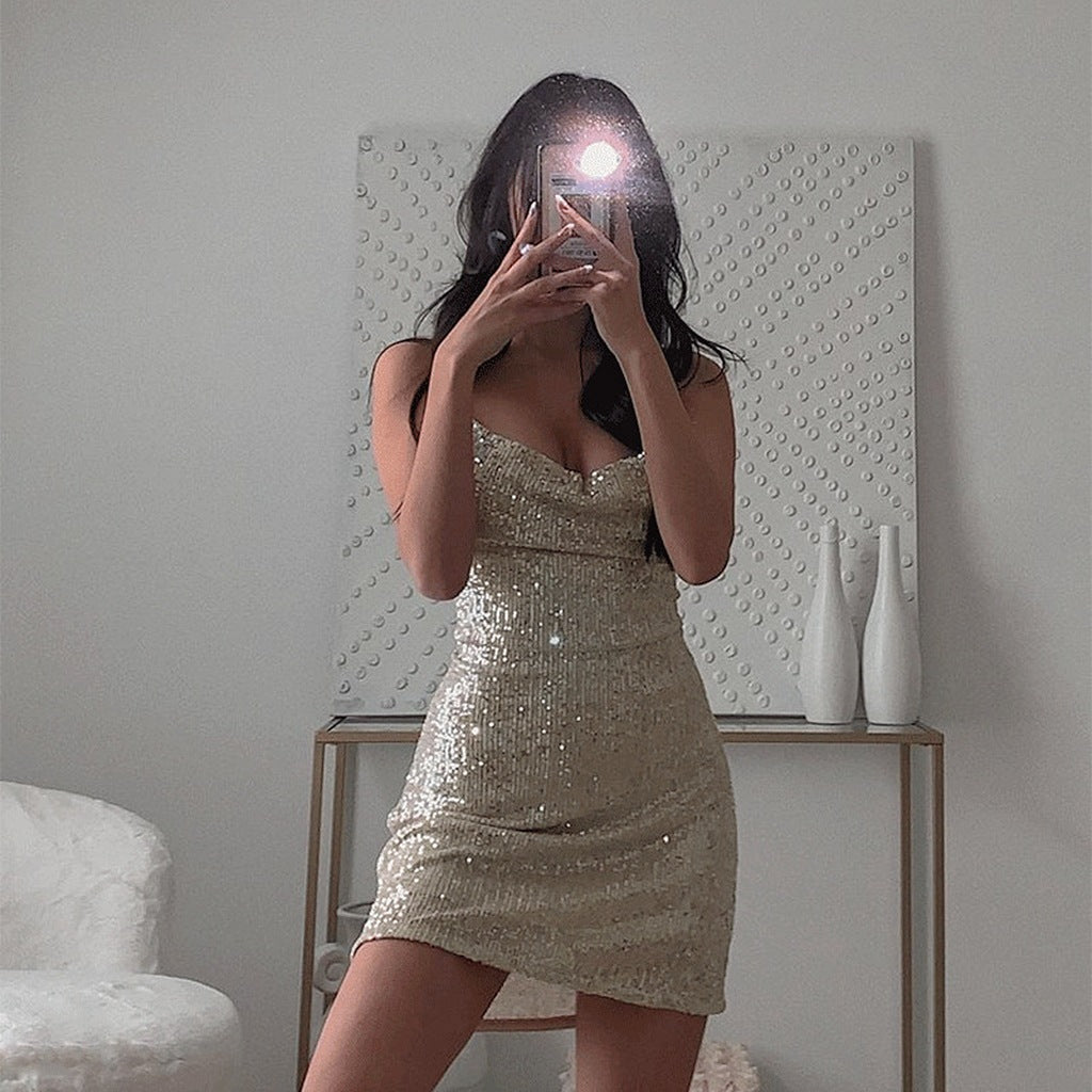 Women Fashion Soft Nightdress Erotic Backless Party Club Prom Glitter Sexy Sequin Bodycon Halter Dress