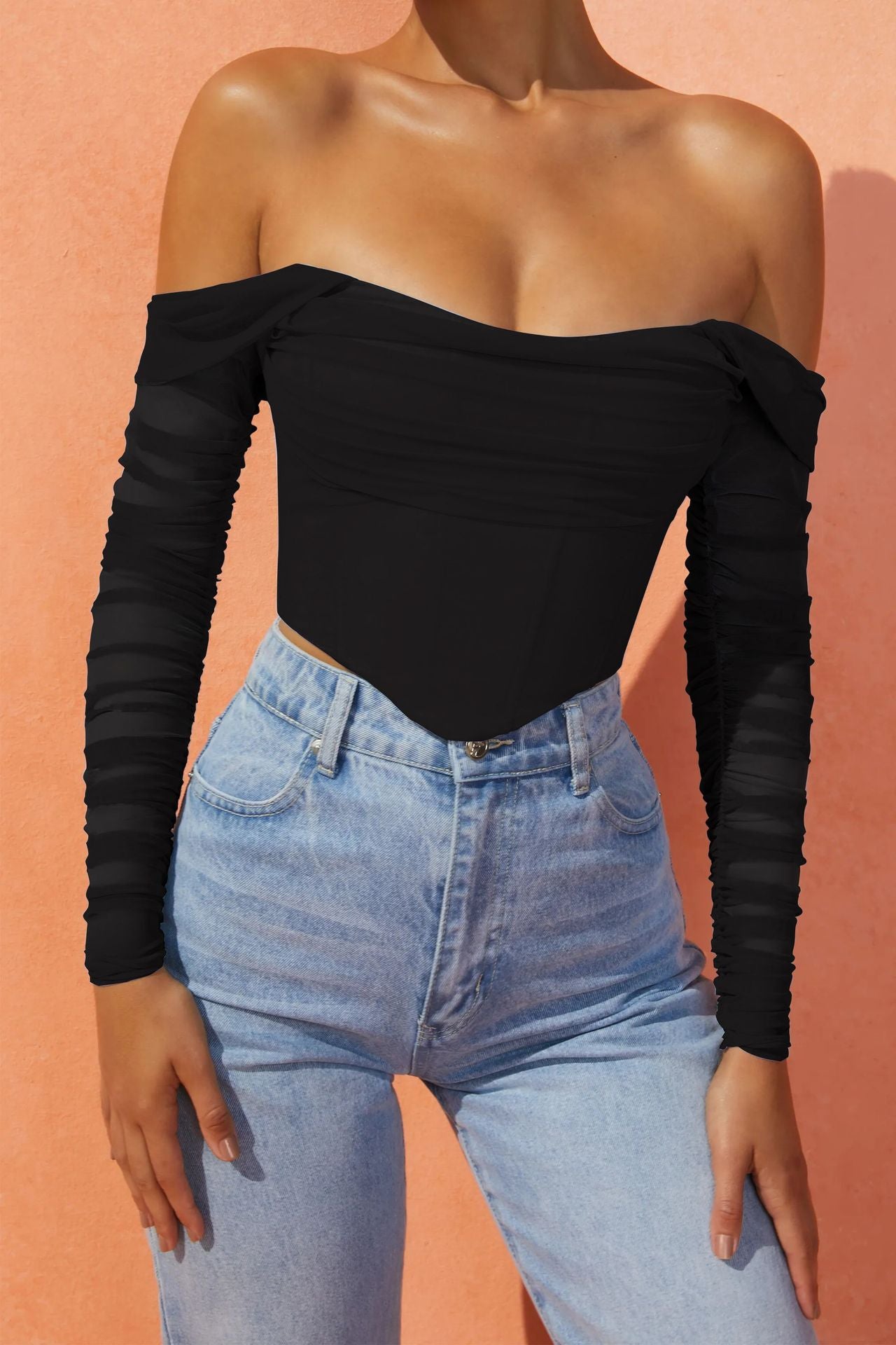 Women Sexy Mesh Fishbone Perspective Exposed Navel Off The Shoulder Short Top