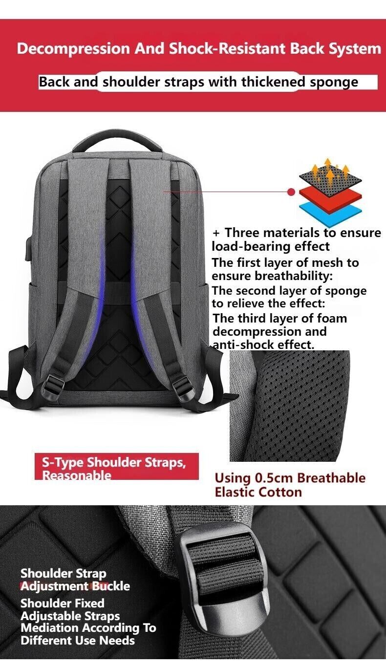 Unisex Waterproof Double Shoulder Backpack USB Sports Travel Bag Laptop Bag