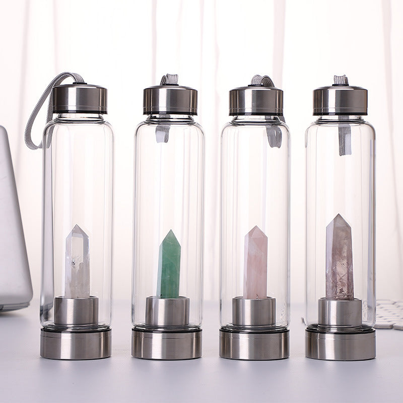 Fashion Colorful Energy Crystal Stone Hexagon Column Glass Water Bottle Gift
