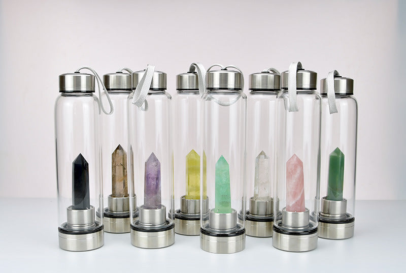 Fashion Colorful Energy Crystal Stone Hexagon Column Glass Water Bottle Gift
