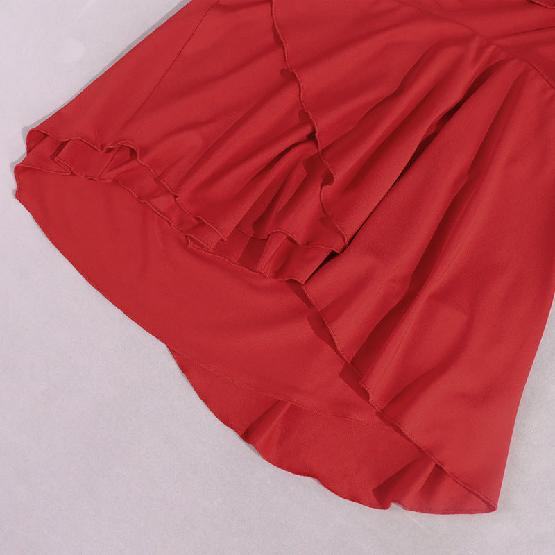 Women Sexy Milk Fiber Halter V-Neck Flared Sleeve Backless Miniskirt Dress