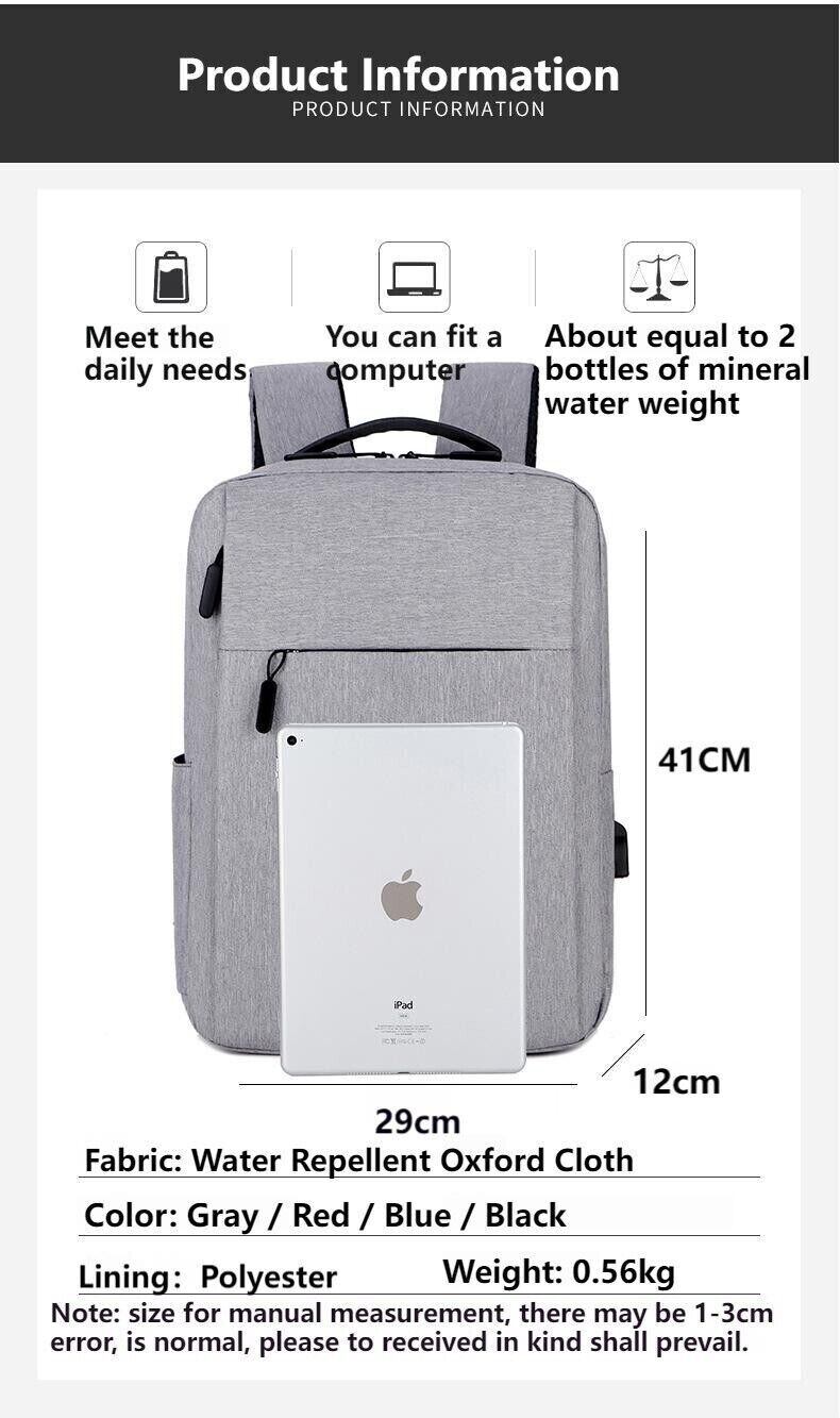 Unisex Waterproof Canvas Backpack USB Schoolbag Travel Laptop Business Bag