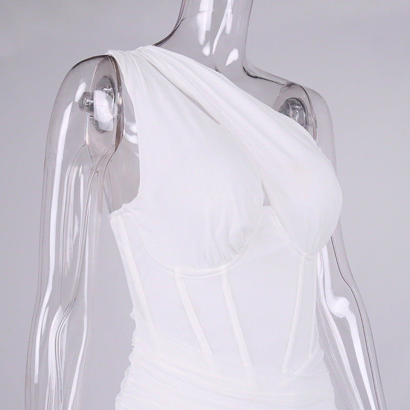 Sexy Women Hollow One Shoulder Fish-bone Underwire Pleated Miniskirt Dress