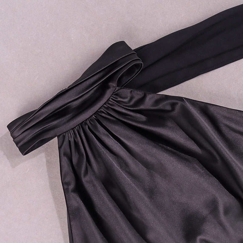 Women Sexy Satin Halter Neckline Backless Chiffon Streamers Miniskirt Dress