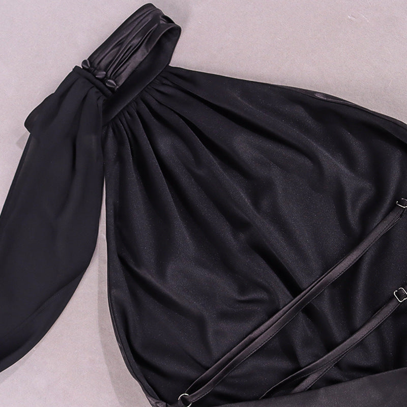 Women Sexy Satin Halter Neckline Backless Chiffon Streamers Miniskirt Dress