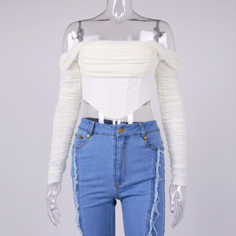 Women Sexy Mesh Fishbone Perspective Exposed Navel Off The Shoulder Short Top