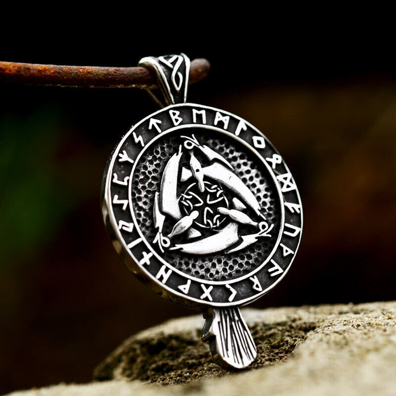 Cool Retro Punk Vintage Wolf Totem Valknut Pendant Biker Titanium Steel Necklace