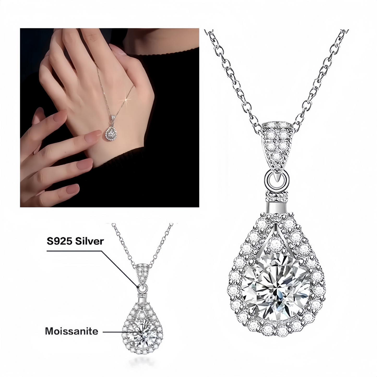 Women Elegant 1CT Waterdrop Moissanite Pendant Party Wedding Engagement Necklace M0198