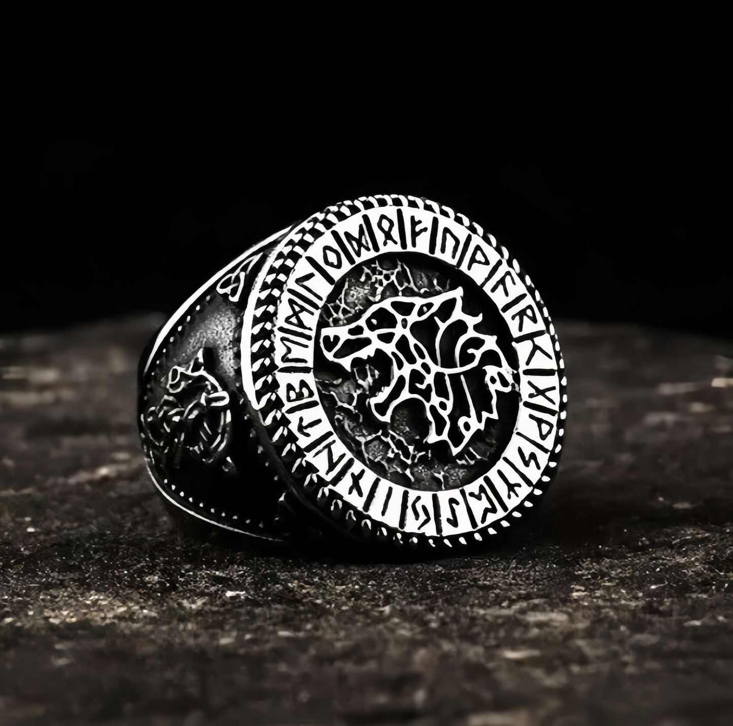 Men Viking Wolf Head Signet Ring Norse Elder Futhark Runes Celtic Knot Band Gift # R288