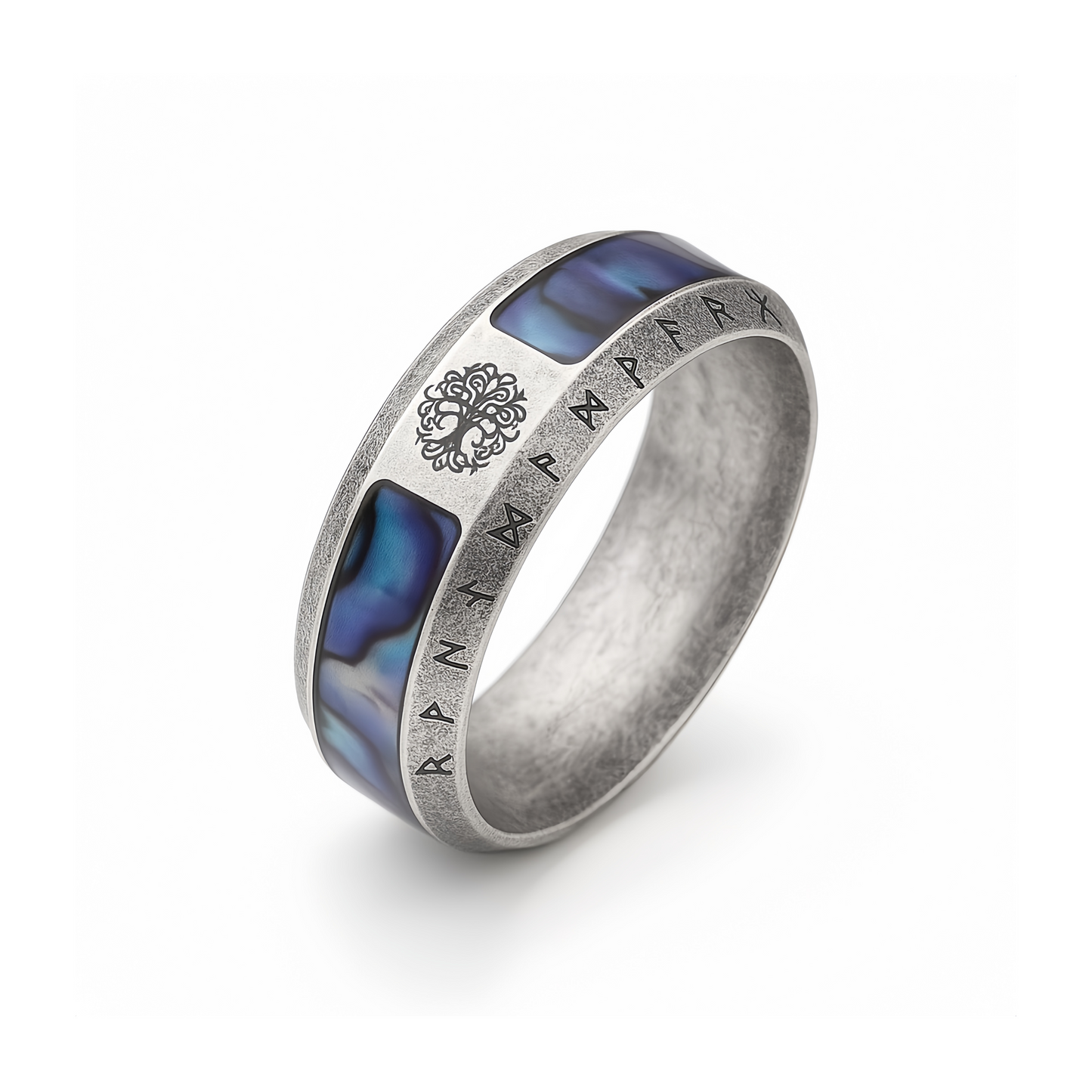 Men Viking Tree of Life Ring Abalone Nordic Engraved Rune Yggdrasil Symbol Band R351