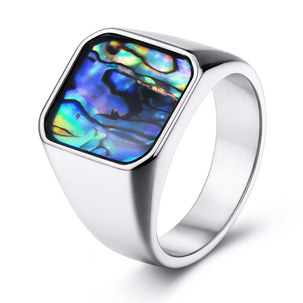 Men Retro Abalone Shell Signet Ring Ocean-Inspired Blue & Green Inlay Vintage Statement Unique Gift # R276