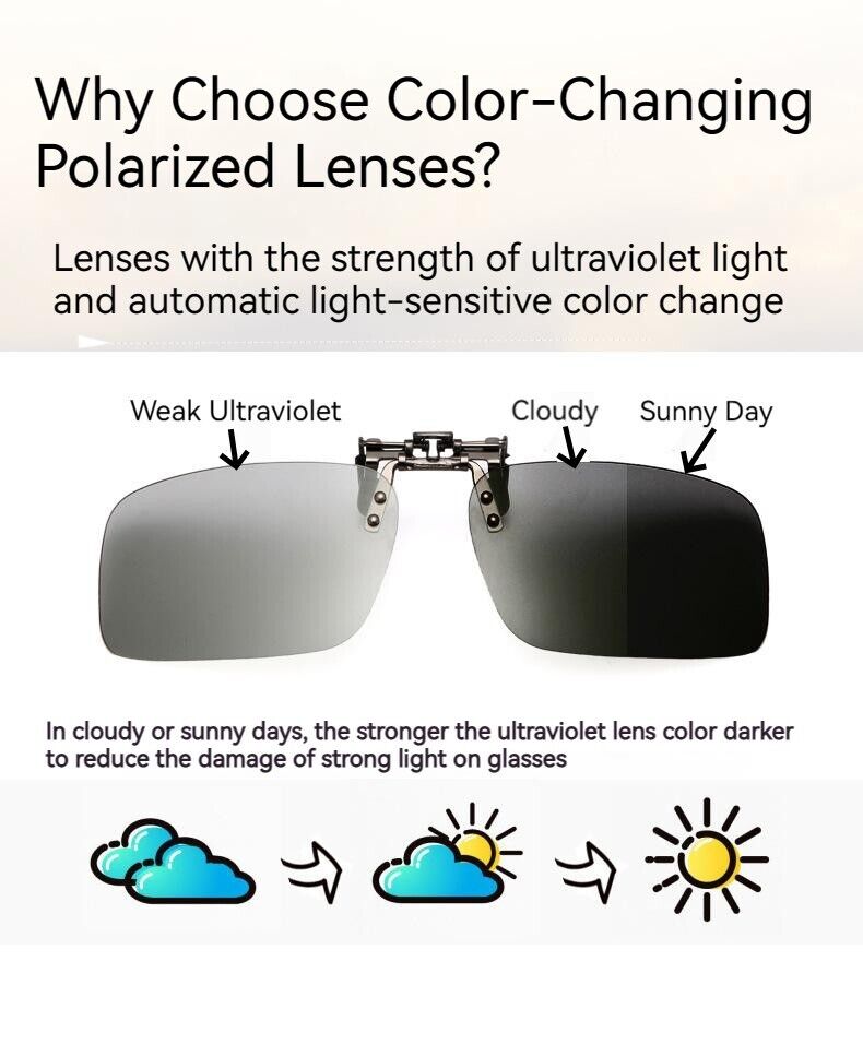 Unisex Square Polarized Colour Changing Sunglasses Clip-on Day Night Vision