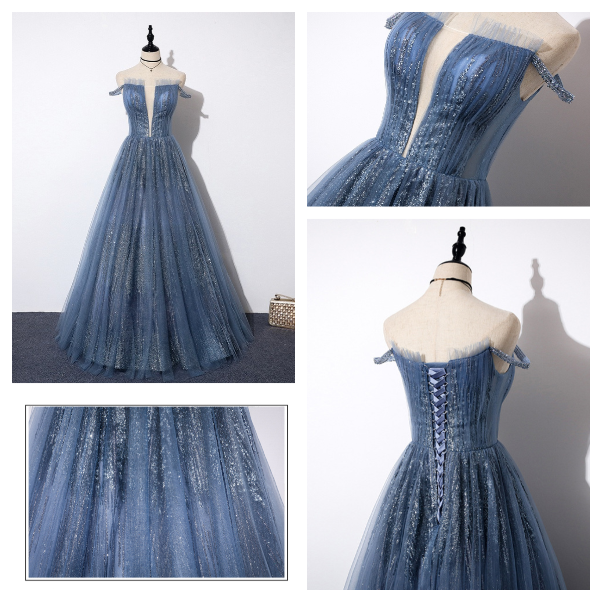 Women V-Neck Banquet Wedding Dress Cold Shoulder Evening Dress Shaggy Skirt