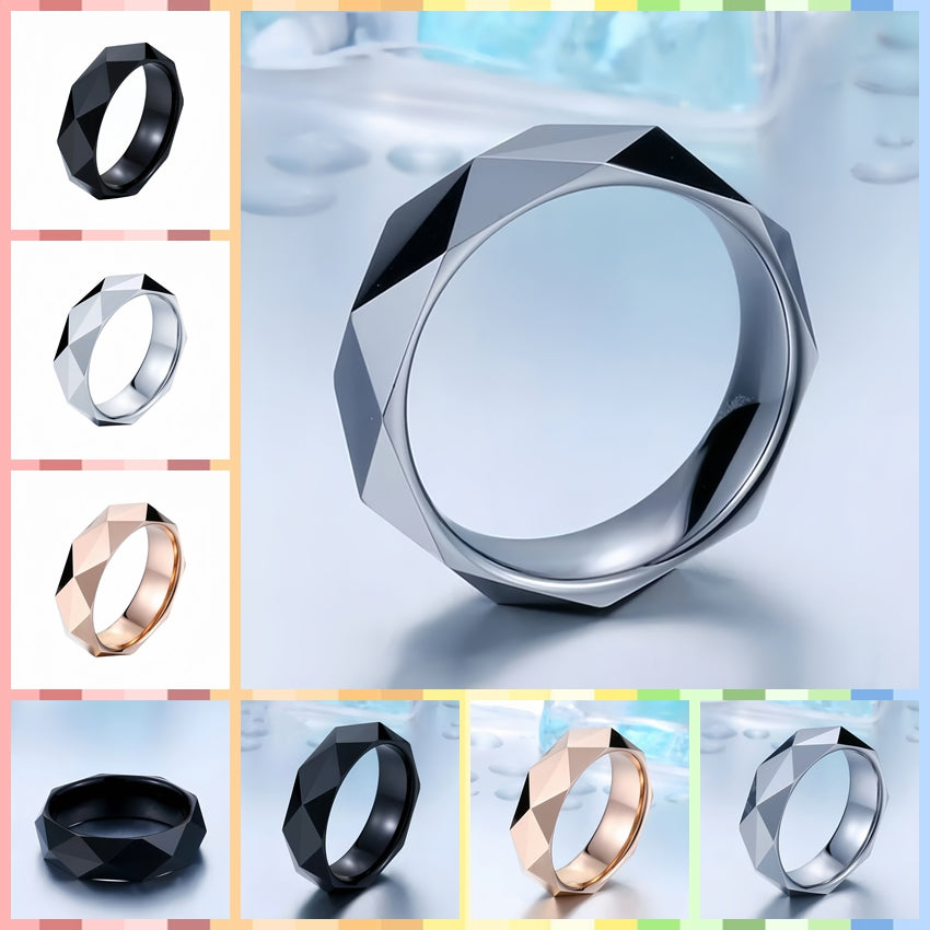 Unisex Comfort Fit Wedding Band Stainless Steel Faceted Geometric Ring Men Jewelry # R349