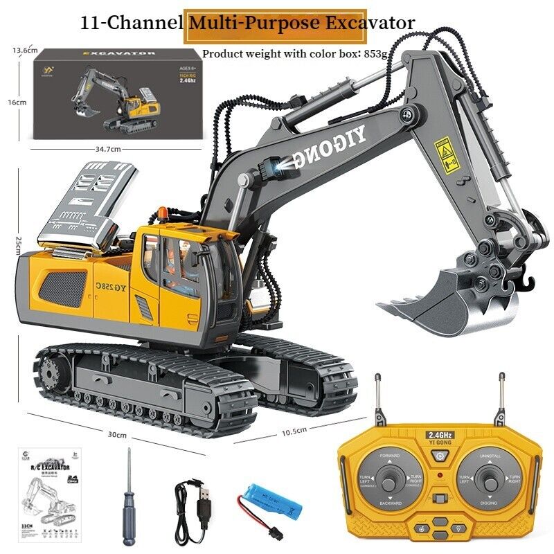 Grey Alloy Remote Control Excavator 11 Channel Crawler Boys Engineering Toys