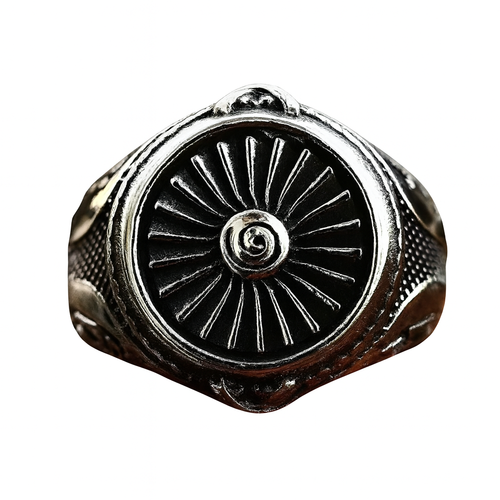 Men Silver Tone Nordic Viking Sun Wheel Signet Ring Norse SpiralAmulet Symbol of Strength & Protection # R328