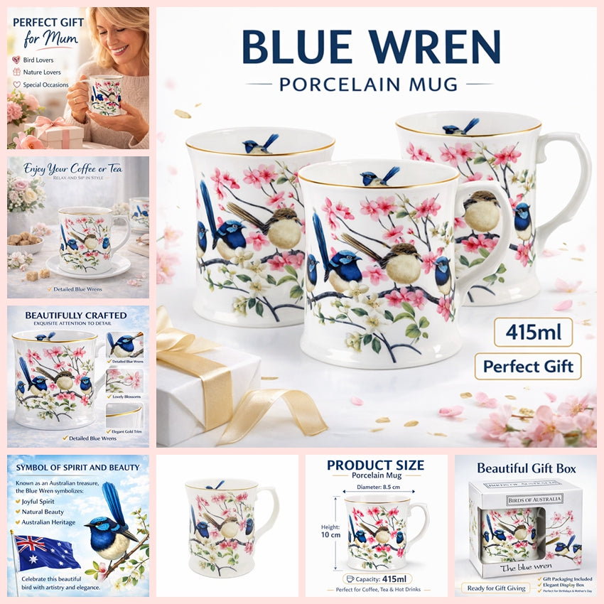 Australian Blue Wren Porcelain Mug Tea Coffee Cup Bird Lover Gift 415ml Birthday