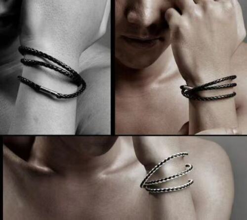 Fashion Men Women Three Laps PU Titanium Steel Bracelet Wristband Bangle Punk 1pc