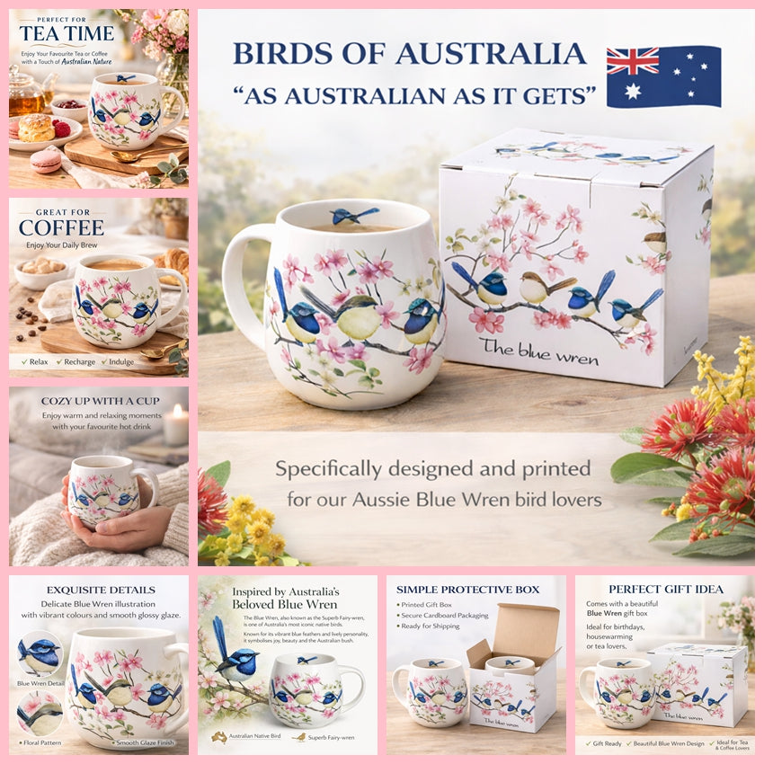 Blue Wren Bird Floral Mug 400ml Fine Porcelain Coffee Tea Cup Birthday Gift Box