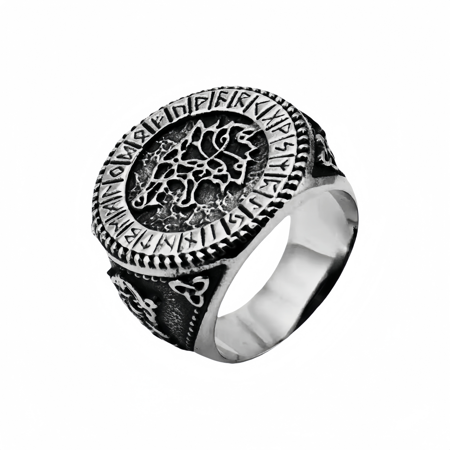 Men Viking Wolf Head Signet Ring Norse Elder Futhark Runes Celtic Knot Band Gift # R288
