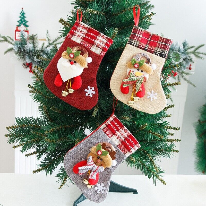 Burlap Christmas Stocking With bells Santa Claus Present Bag Xmas Party Decor