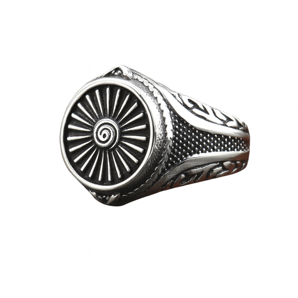 Men Silver Tone Nordic Viking Sun Wheel Signet Ring Norse SpiralAmulet Symbol of Strength & Protection # R328