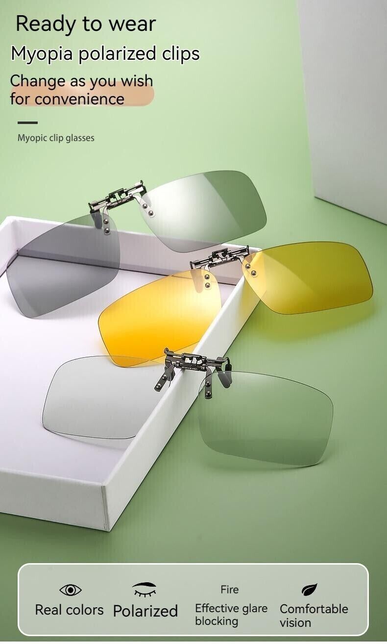 Unisex Square Polarized Colour Changing Sunglasses Clip-on Day Night Vision