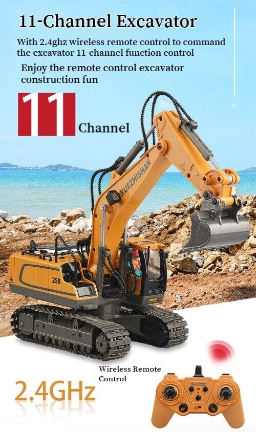 Grey Alloy Remote Control Excavator 11 Channel Crawler Boys Engineering Toys