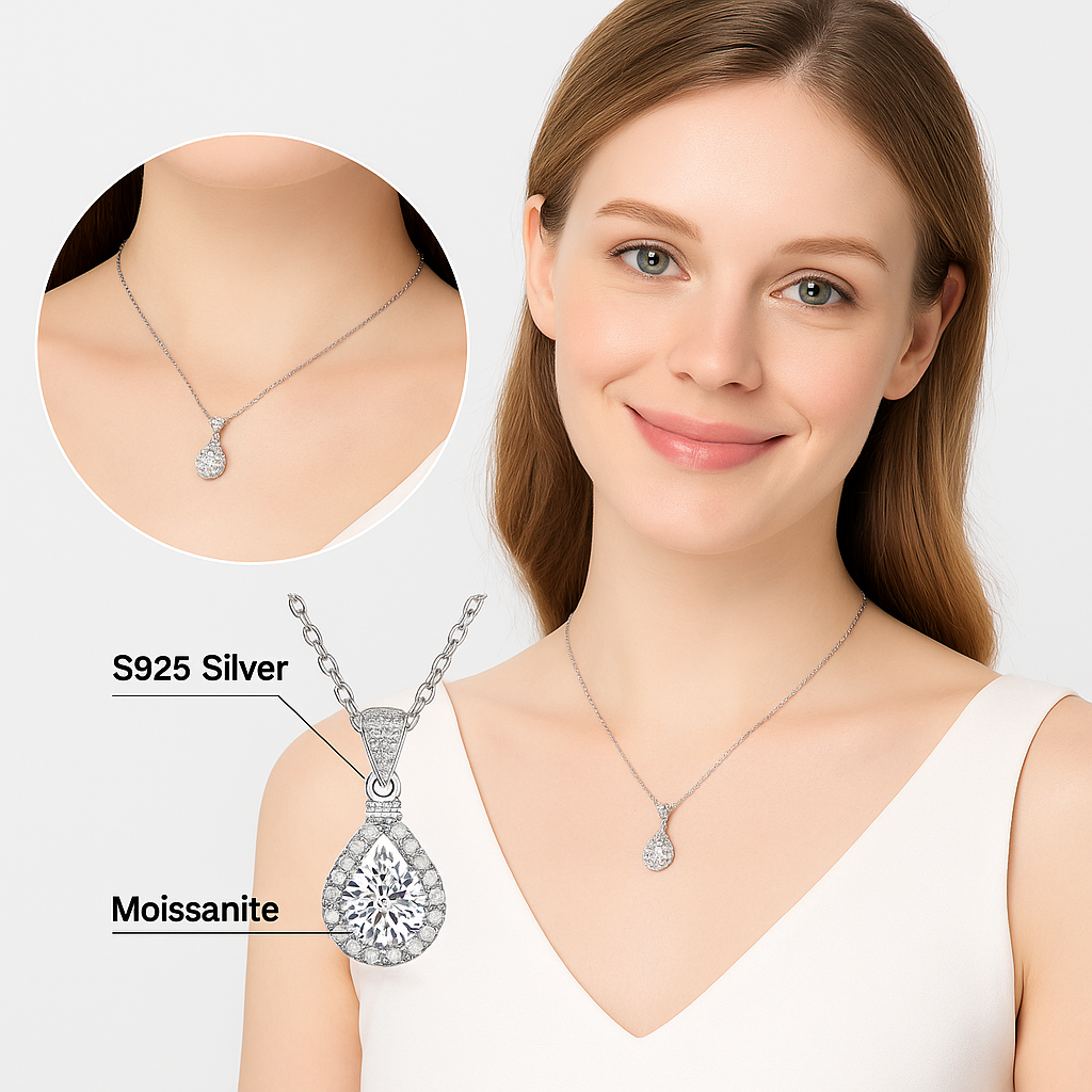 Women Elegant 1CT Waterdrop Moissanite Pendant Party Wedding Engagement Necklace M0198