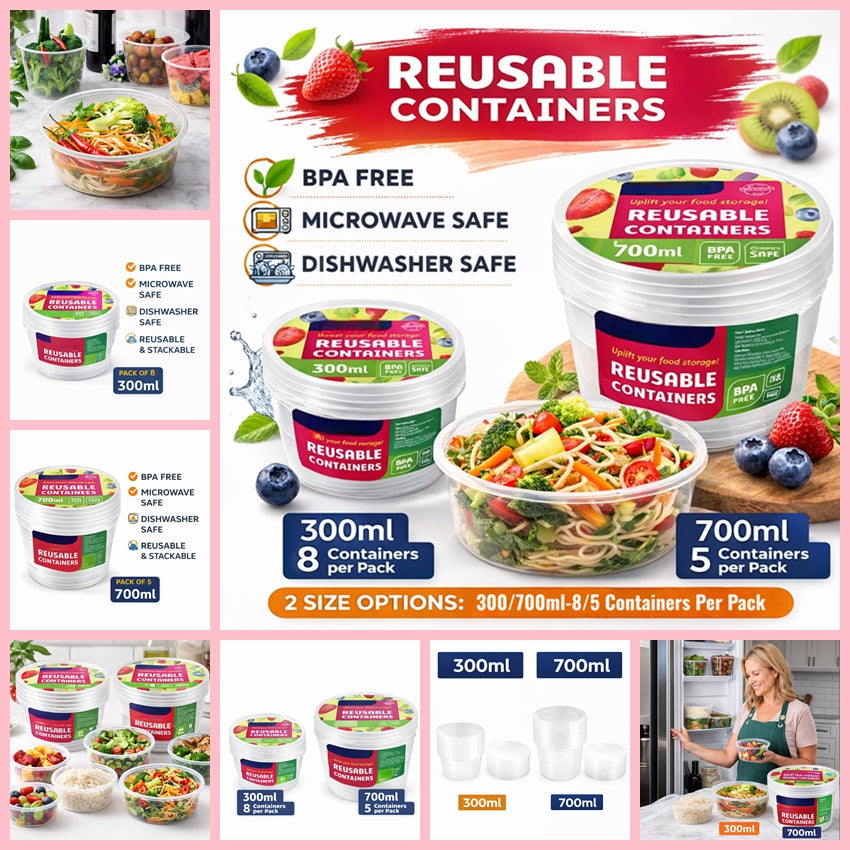 Round Reusable Food Container 300 / 700ml BPA Free Microwave Safe Takeaway with Lid # KIT 309597 / KIT 309603