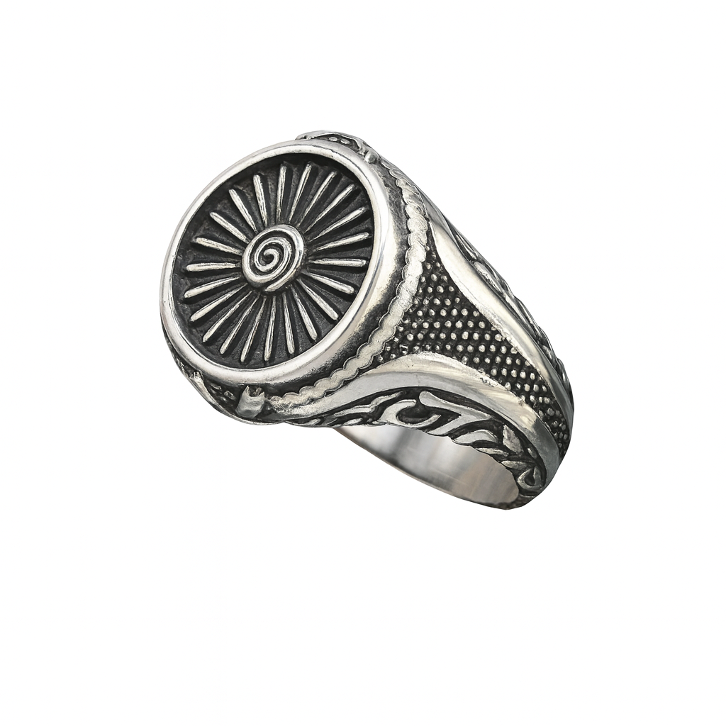 Men Silver Tone Nordic Viking Sun Wheel Signet Ring Norse SpiralAmulet Symbol of Strength & Protection # R328