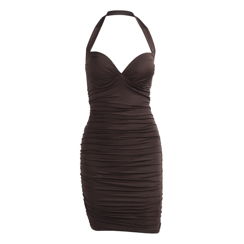 Women Sexy Halter Neckline Backless Tight Fitting Pleated Miniskirt Dress