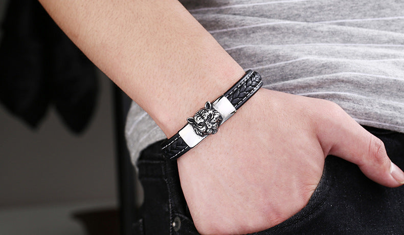 Men Fashion Tiger Head Artificial Leather Titanium Stainless Steel Bracelets