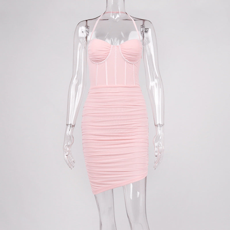 Women Sexy Halter Neckline Backless Pleated Tight Fitting Miniskirt Dress