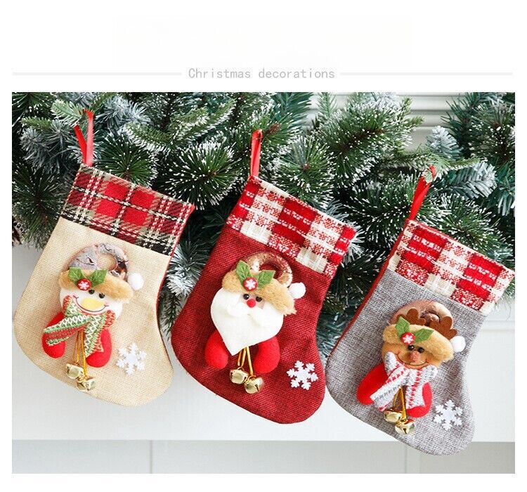 Burlap Christmas Stocking With bells Santa Claus Present Bag Xmas Party Decor