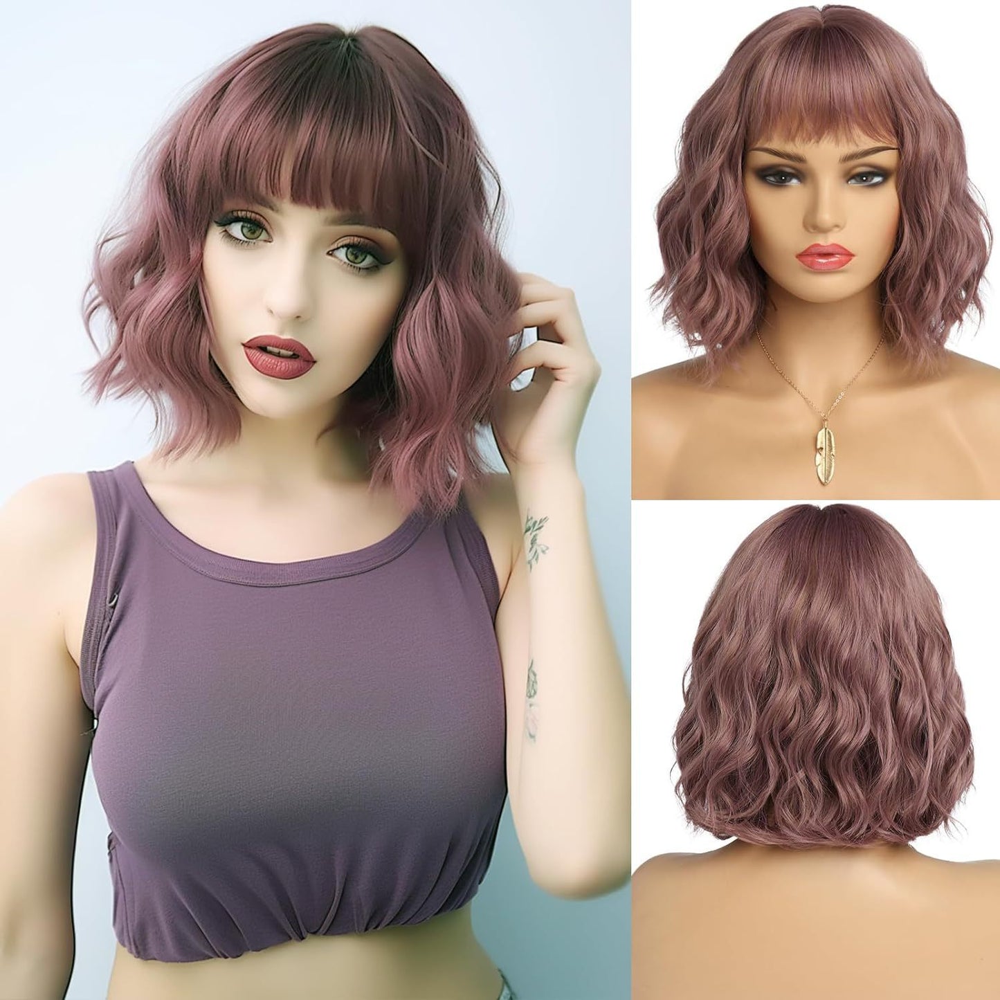 Trendy Lightweight & Breathable Framing Bangs Synthetic Hair Short Wavy Bob Wigs # 1715