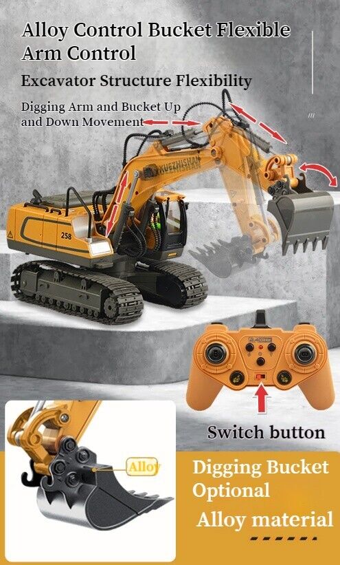 Grey Alloy Remote Control Excavator 11 Channel Crawler Boys Engineering Toys