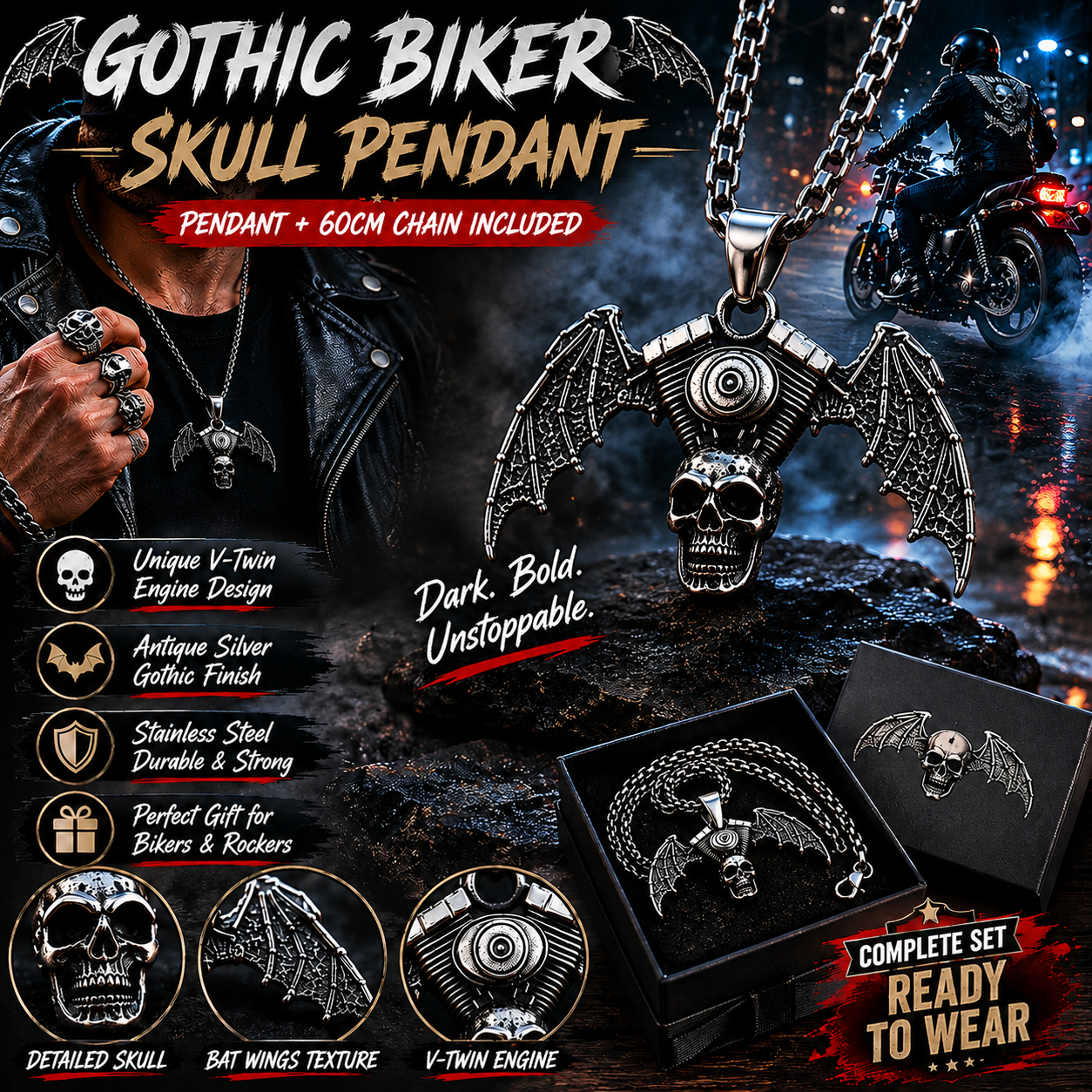 Vintage Biker Skull Bat Wing Pendant Necklace Gothic Motorcycle Engine Chain PN0025