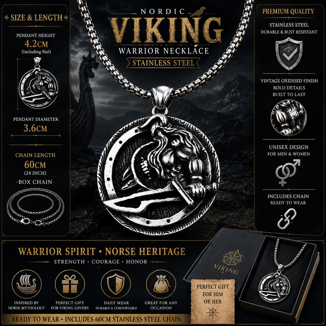 Men Viking Warrior Pendant Necklace Norse Mythology Stainless Steel Round Amulet with Chain PN0014