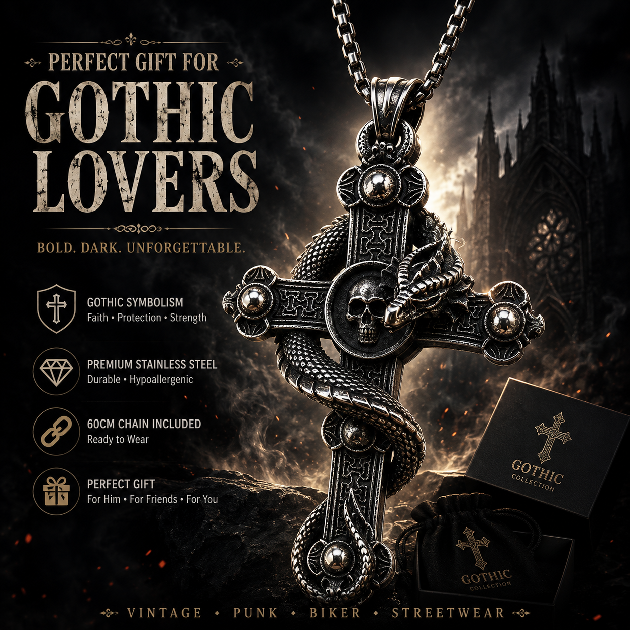 Vintage Dragon Cross Skull Pendant Necklace Men Gothic Stainless Steel Dark Silver Chain PN0022