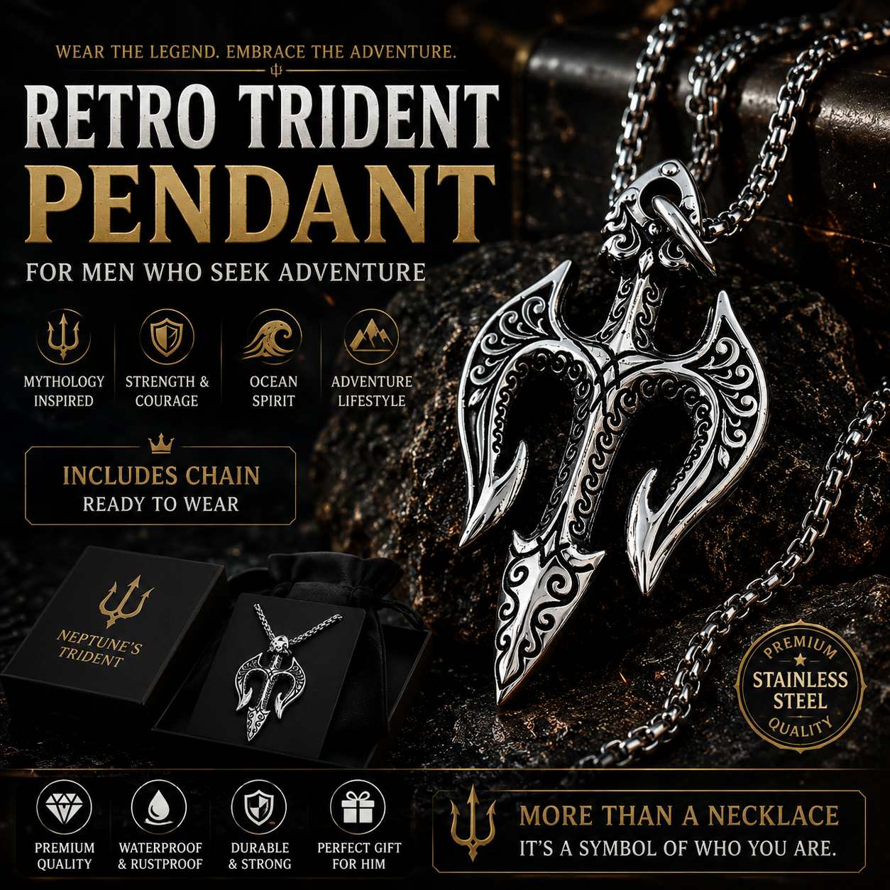 Men Vintage Poseidon Trident Pendant Necklace Gothic Greek Mythology Amulet Stainless Steel Chain PN0001