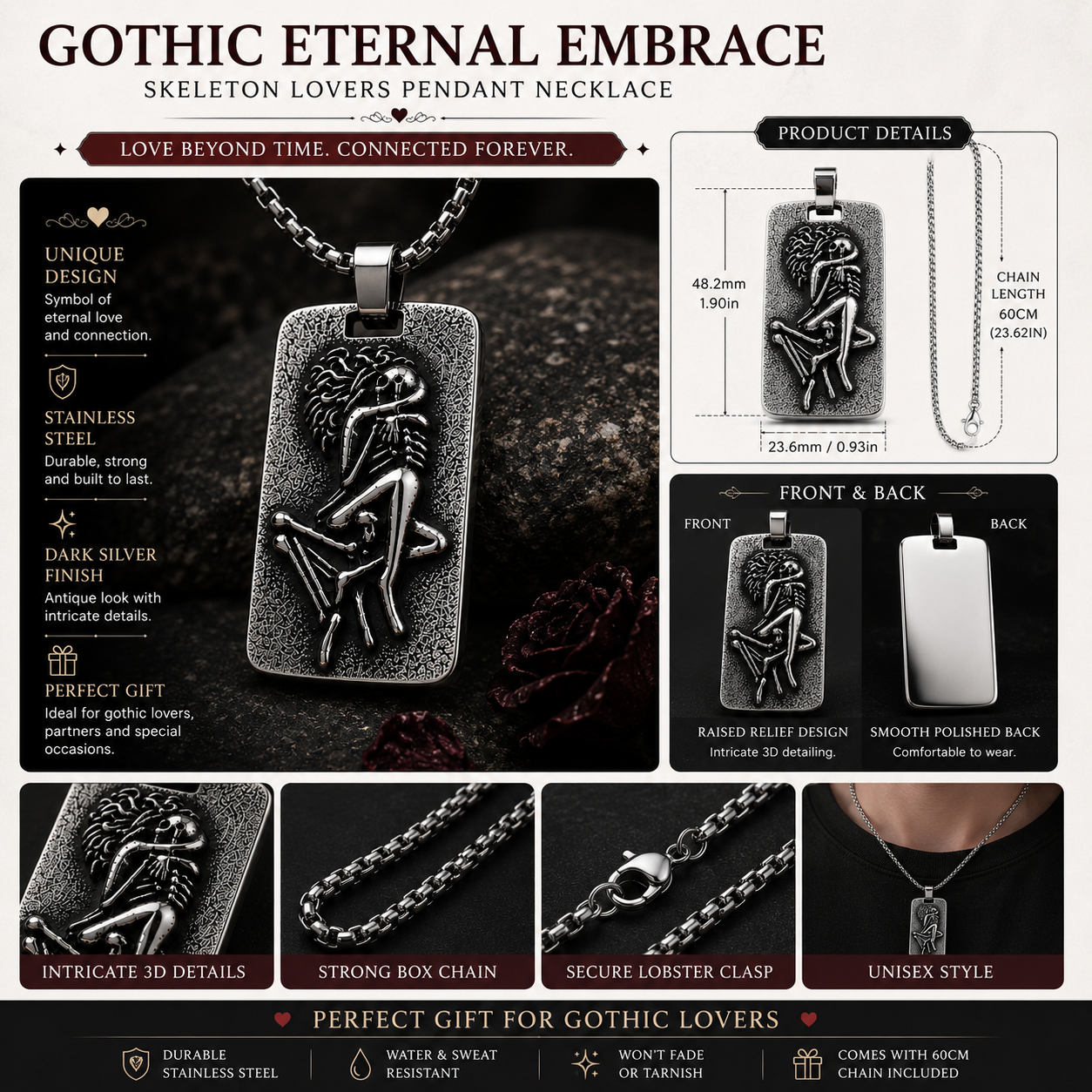 Gothic Skeleton Lovers Pendant Necklace Stainless Steel Dark Silver Gothic Jewellery Chain Gift For Men Women #PN0023