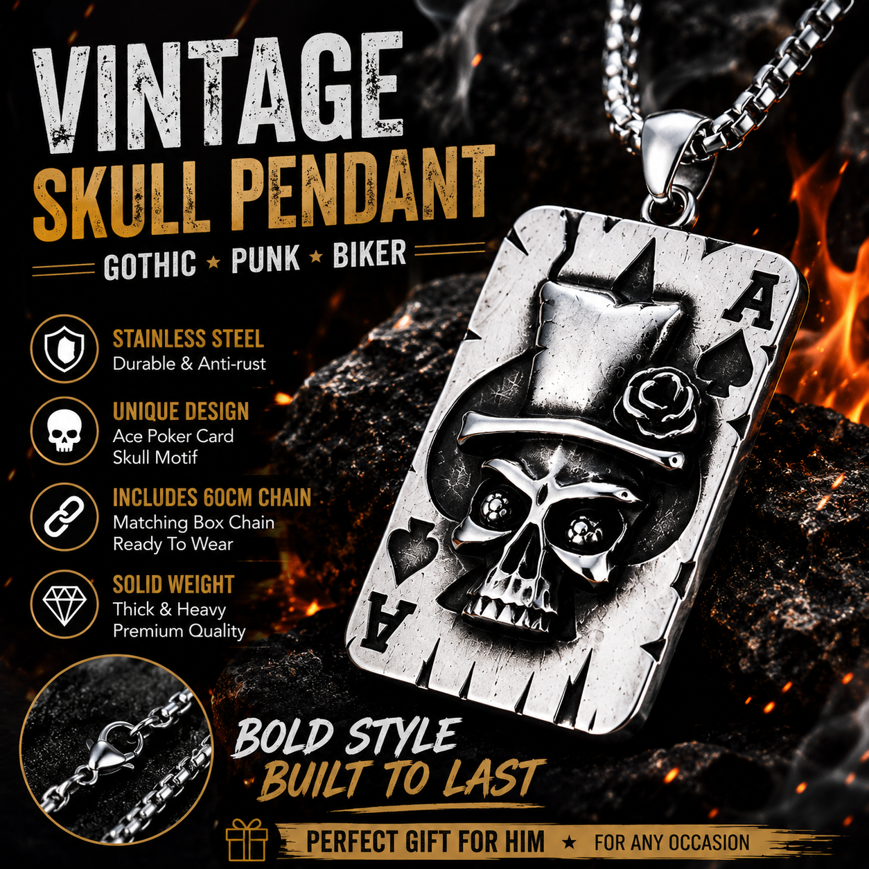 Men Gothic Skull Poker Ace Card Pendant Necklace Stainless Steel Vintage Punk Punk Street Style Biker Chain PN0008