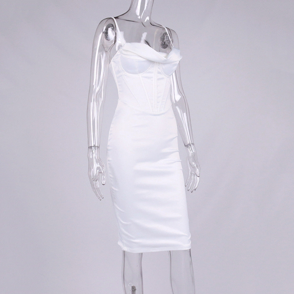 Women Fashion Sexy Satin Fish Bone Pleated Spaghetti Straps MidI Skirt Dress